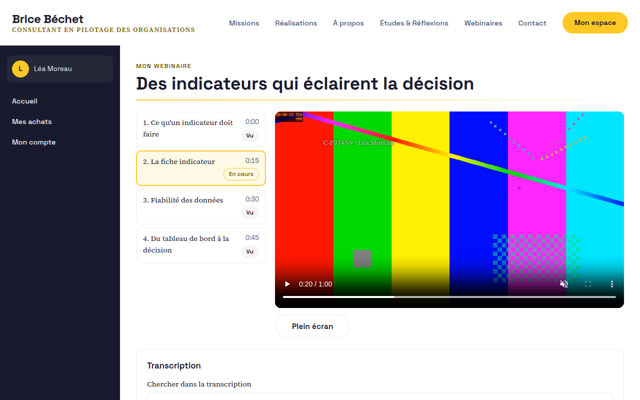 Espace client, Webinaires et missions, dans un espace sécurisé
