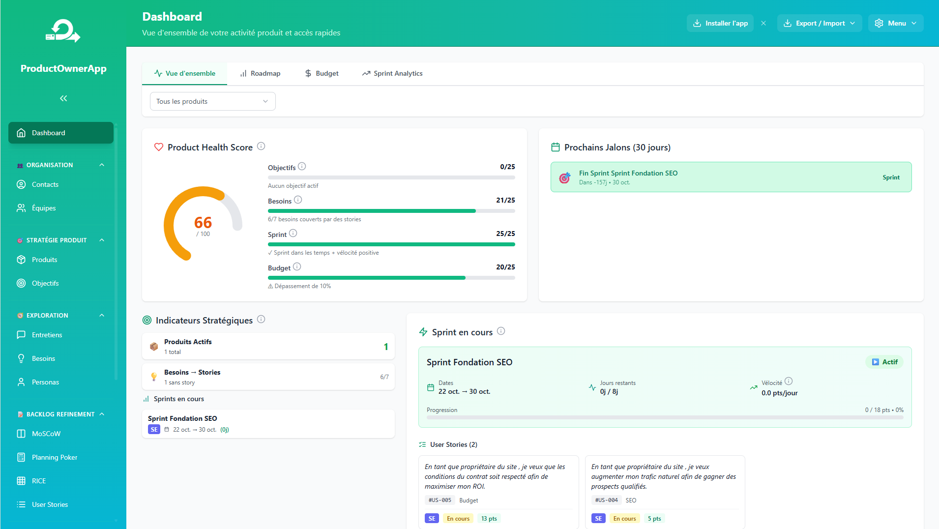 Product Owner App — Dashboard